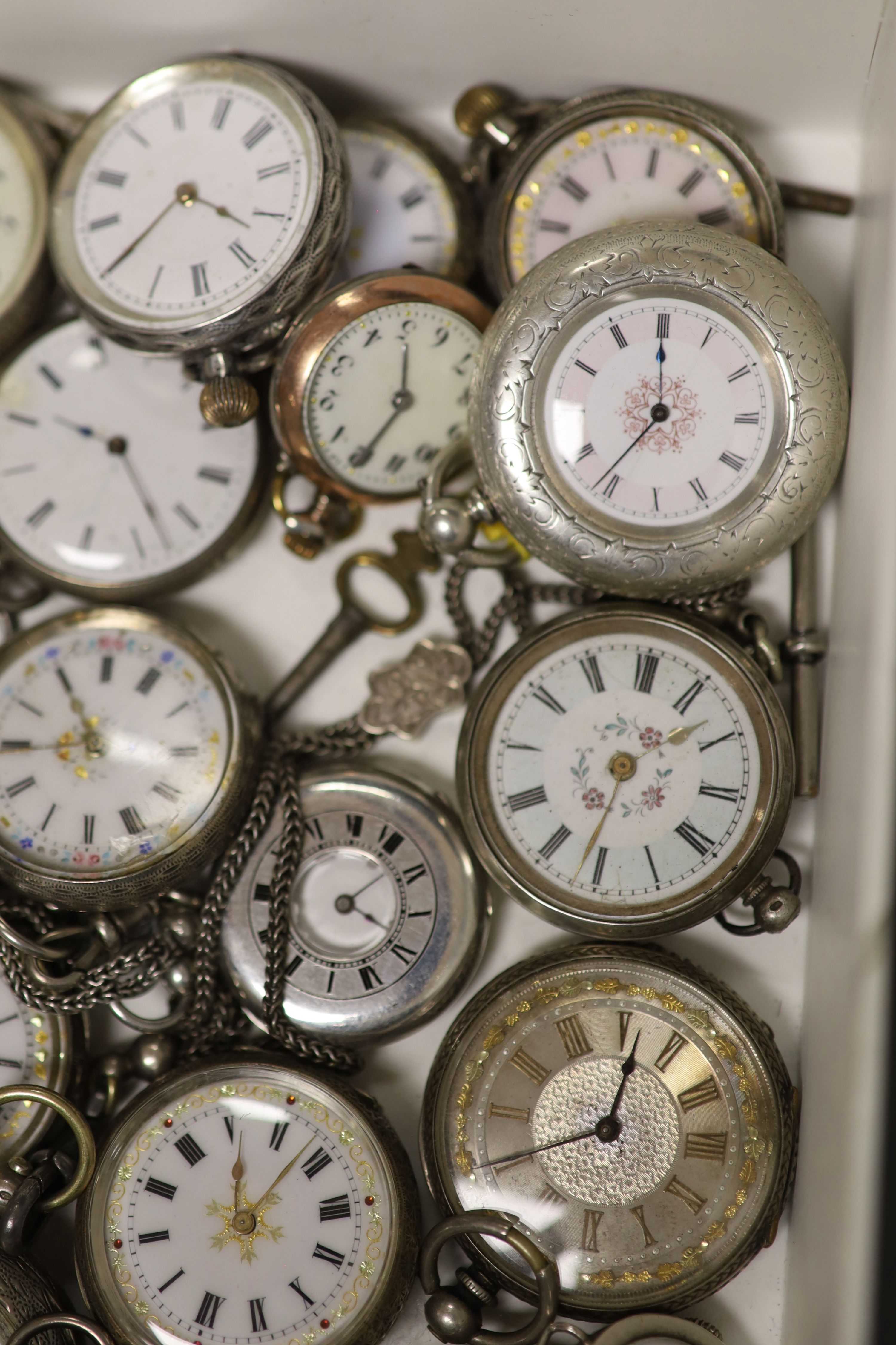 A collection of lady's assorted mainly continental white metal fob and pocket watches, including enamel and three wrist watches.